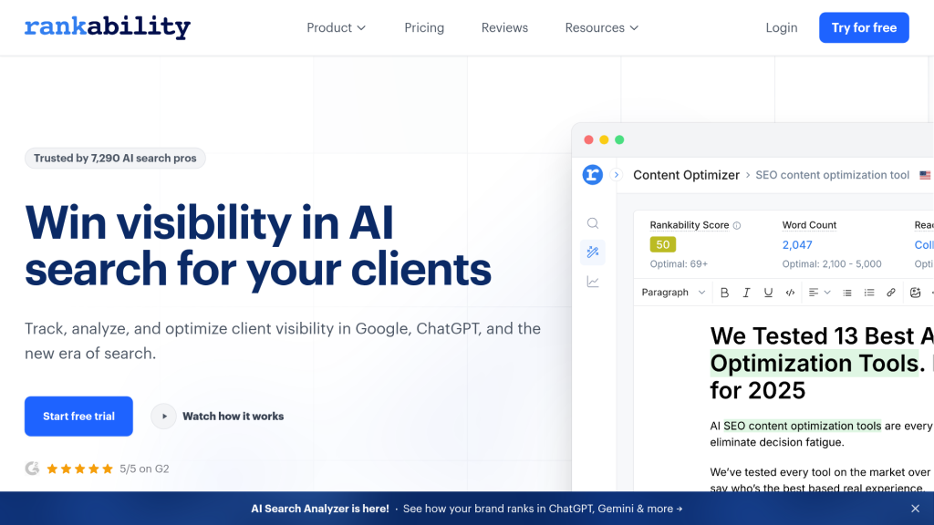 Rankability landing page featuring GEO tools and agency coaching services