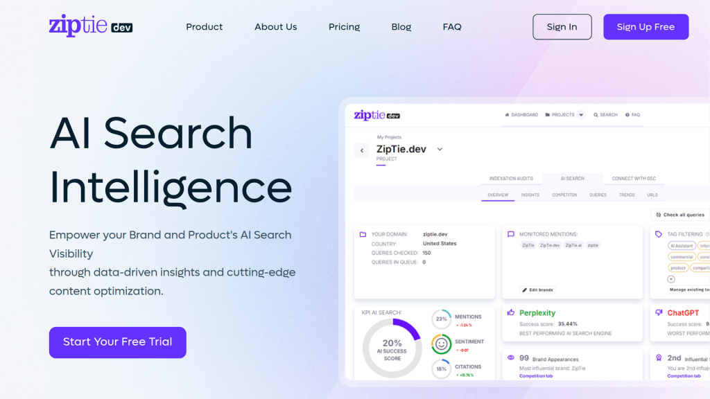 ZipTie.dev landing page for Google AI Overviews tracking