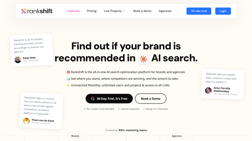 Rankshift landing page featuring AI visibility tracking across nine LLMs with citation and sentiment analytics