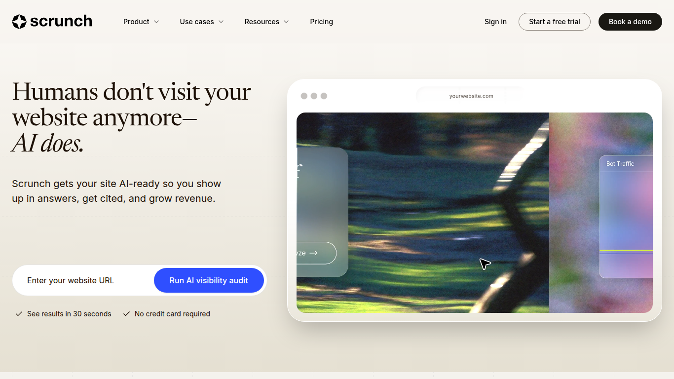 Scrunch landing page — AI citation tracking and named-crawler analytics
