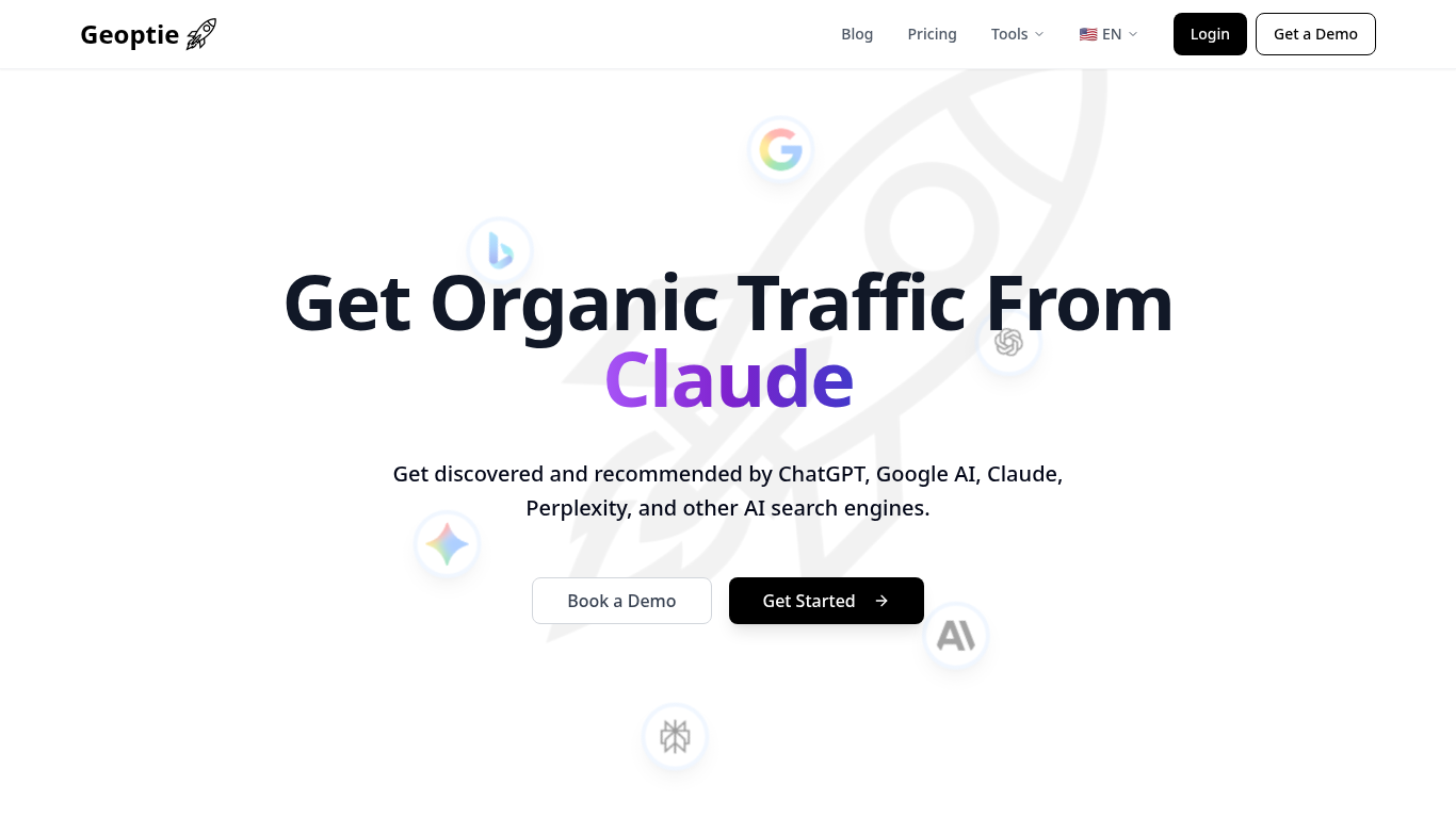 Geoptie landing page — multi-engine AI visibility tracking on a flat-priced plan