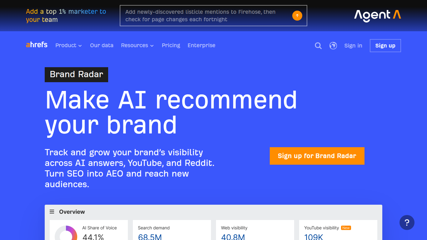 Ahrefs Brand Radar landing page — AI visibility tracking on the 395M+ prompt dataset