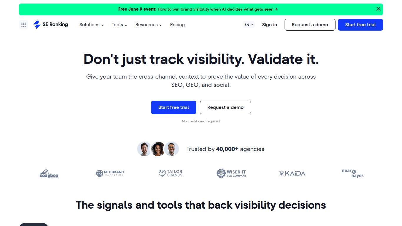 SE Ranking landing page — SEO suite with AI Search add-on for AI visibility tracking