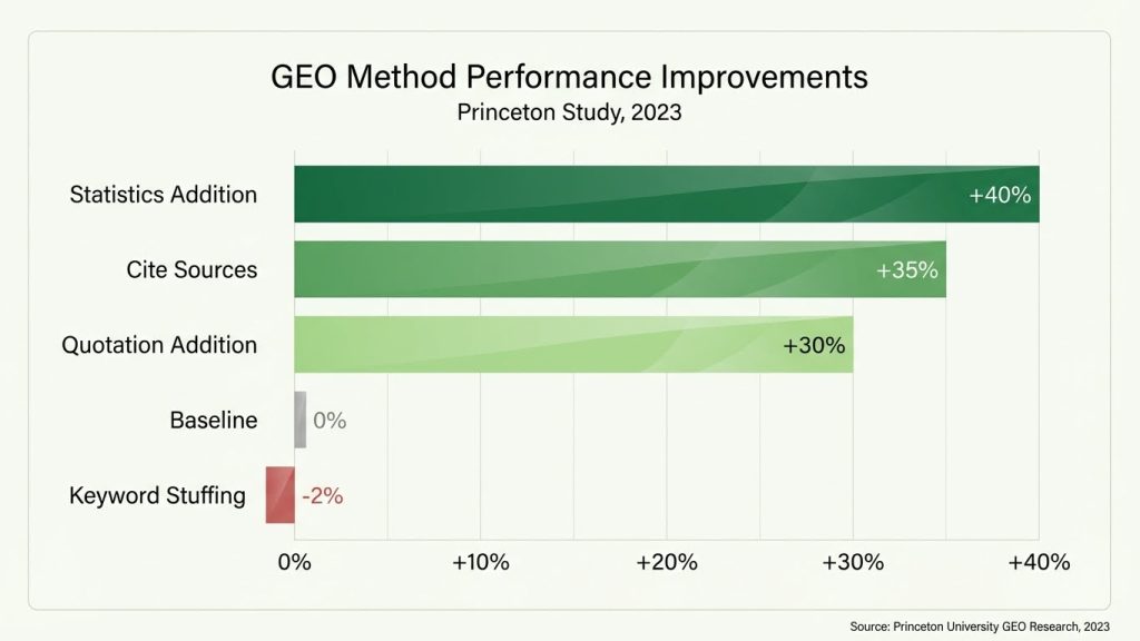 Bar chart showing Princeton GEO study results with Statistics Addition and Cite Sources as top performers
