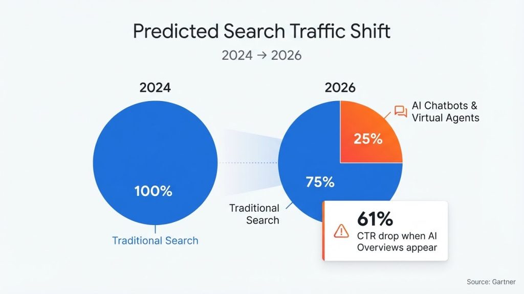 Infographic showing Gartner prediction of 25% traditional search traffic shifting to AI by 2026