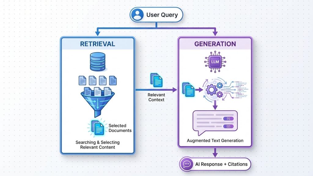 Technical diagram illustrating RAG architecture with retrieval and generation stages