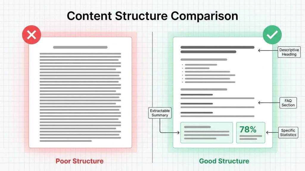 Before and after comparison of poor content structure versus GEO-optimized structure with clear headings
