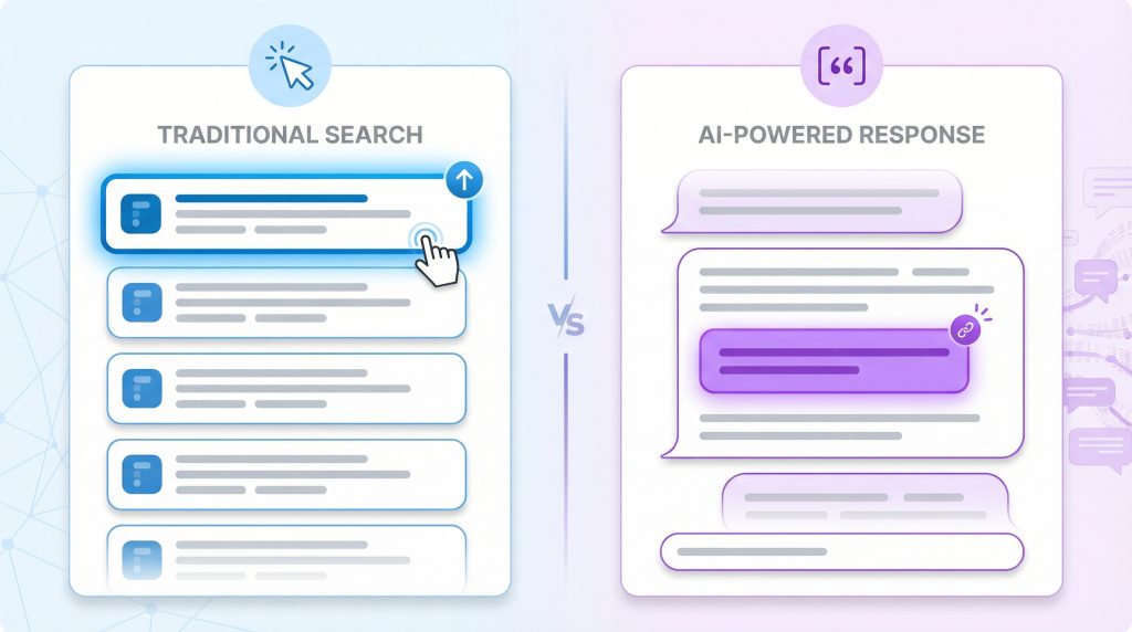 Infographic comparing SEO click-based results versus GEO citation-based visibility in AI responses