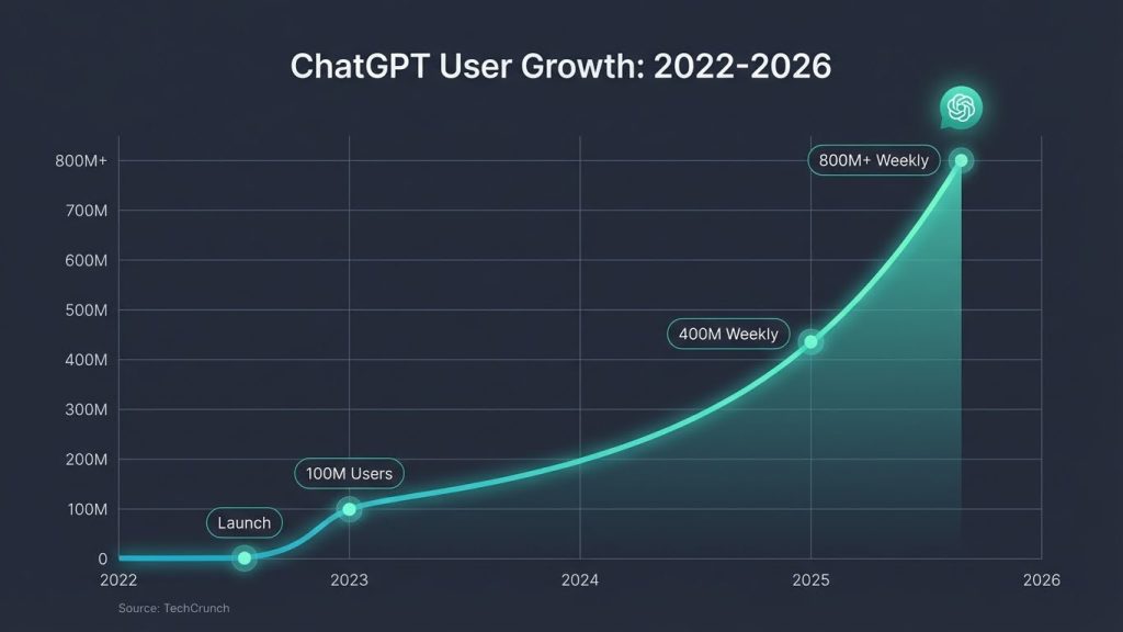 Timeline showing ChatGPT user growth from 2022 to 2026 reaching 800 million weekly users