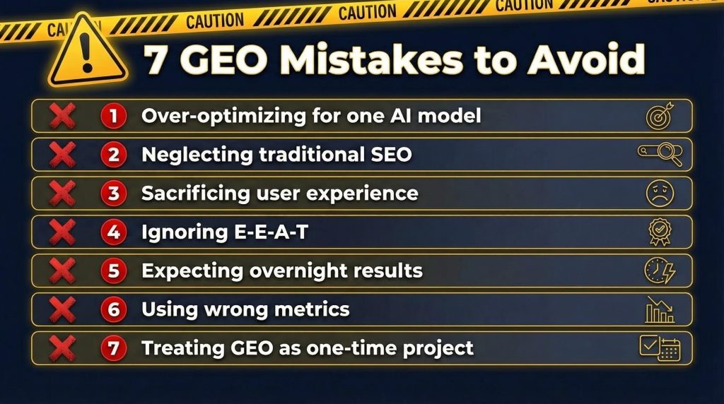 Warning infographic listing seven common GEO mistakes to avoid