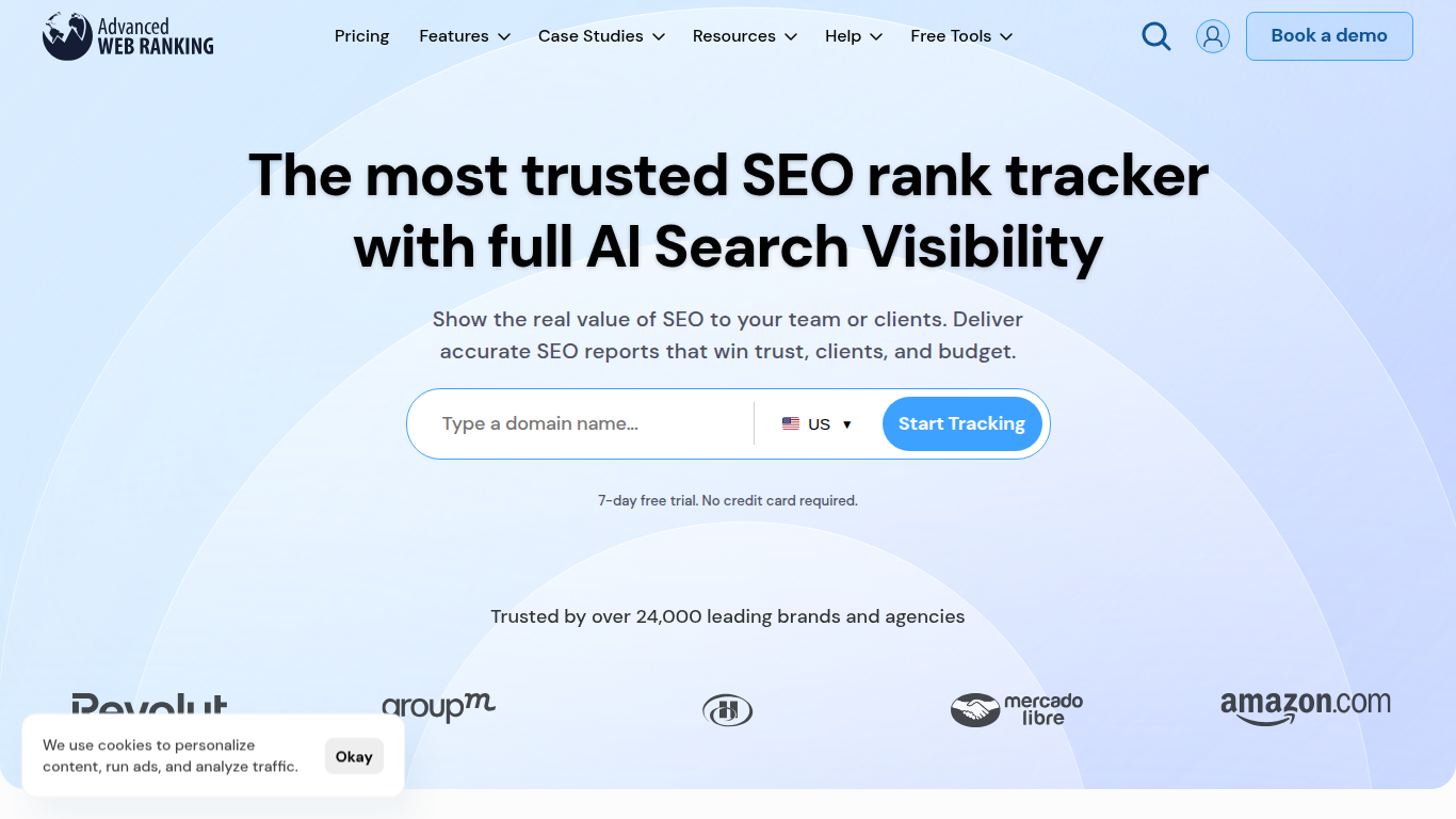 Advanced Web Ranking landing page — enterprise SEO rank tracker with AI Visibility citation reporting