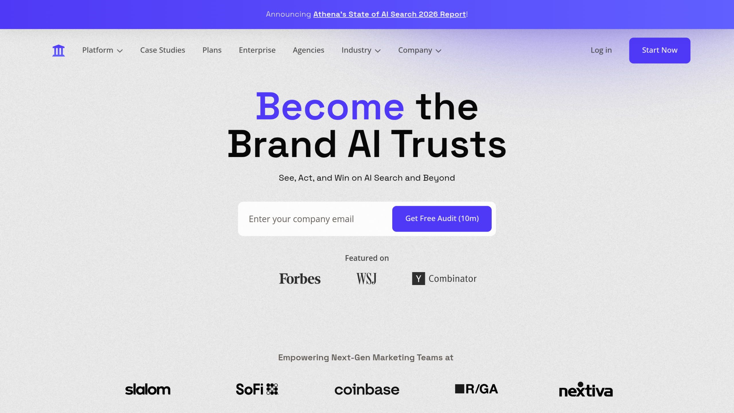 AthenaHQ landing page: credit-based AI visibility platform tracking up to 11 AI models