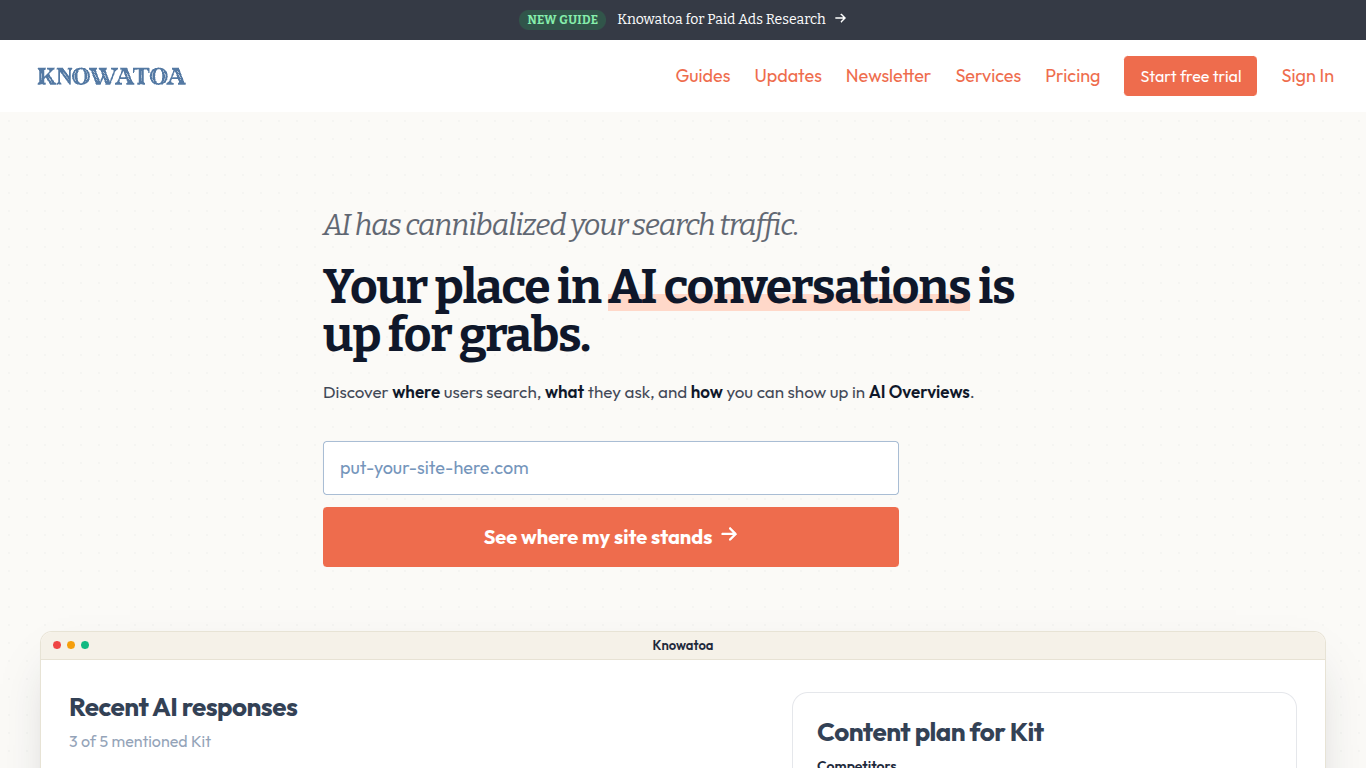 Knowatoa landing page: question-based AI visibility tracking