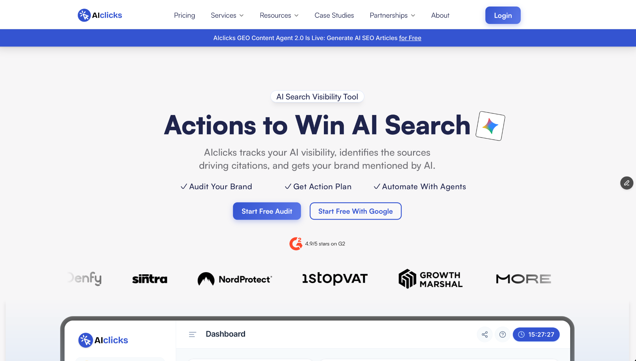 AIclicks landing page, AI search visibility tracking with an action plan
