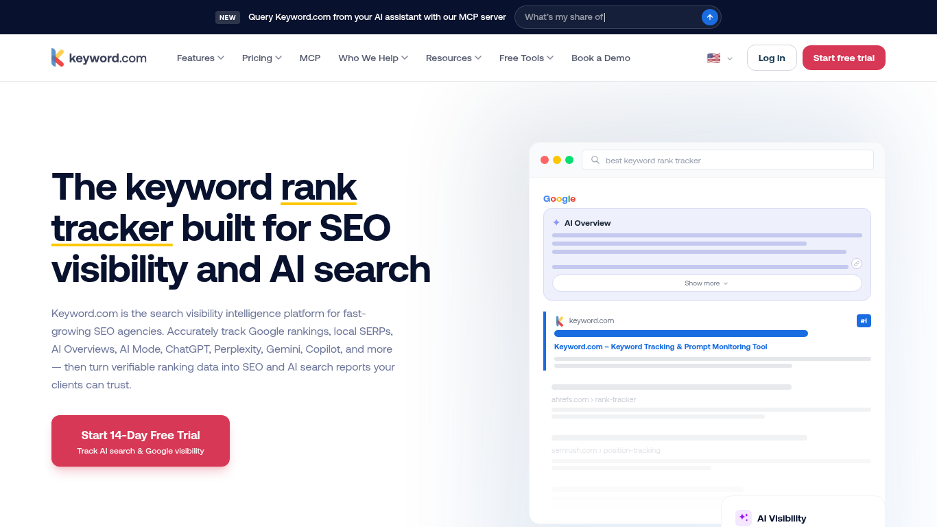 Keyword.com homepage: rank tracker for SEO visibility and AI search, including AI Overviews