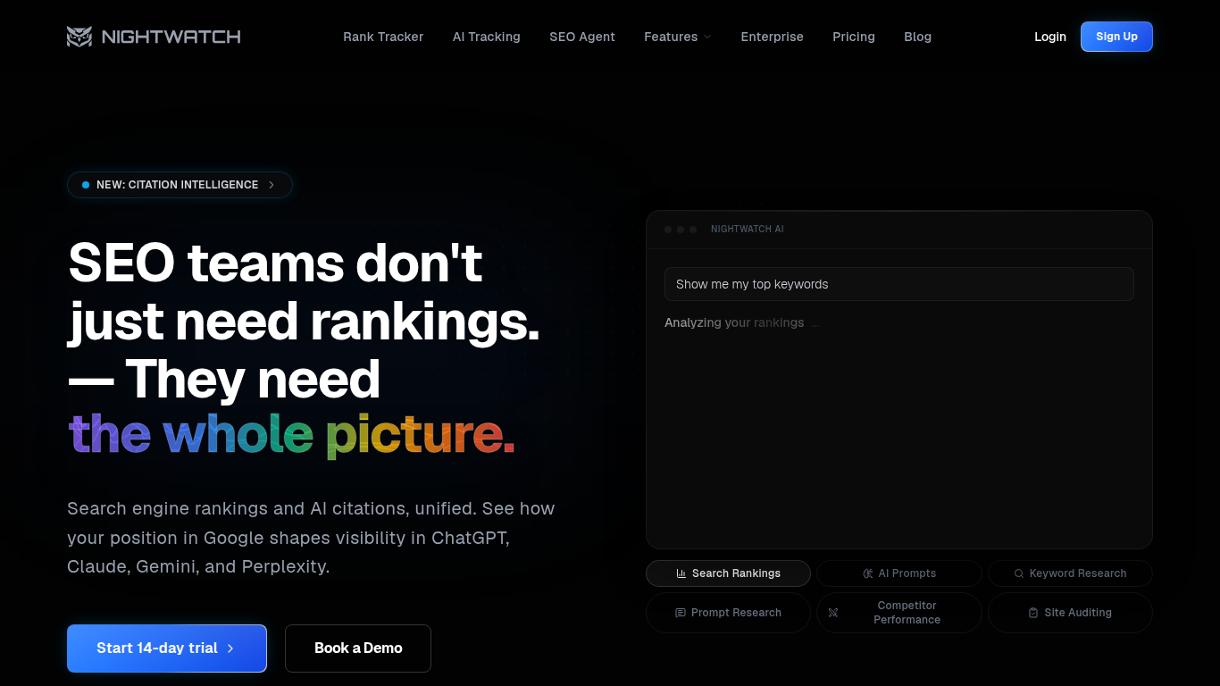 Nightwatch landing page — SEO rank tracker with AI Tracking across 4 LLMs and unlimited team seats