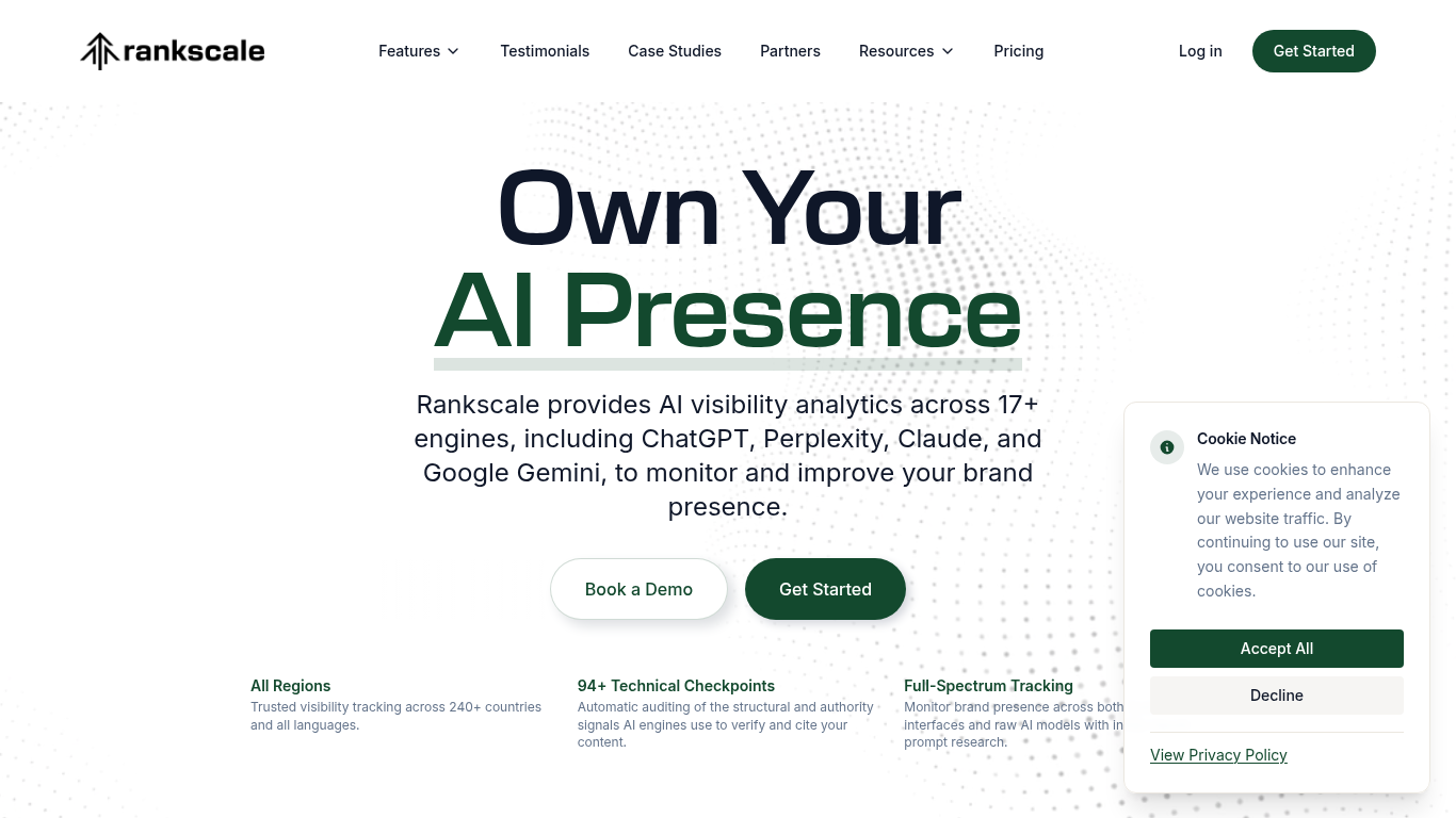Rankscale landing page: credit-based AI visibility tracking across 17+ engines