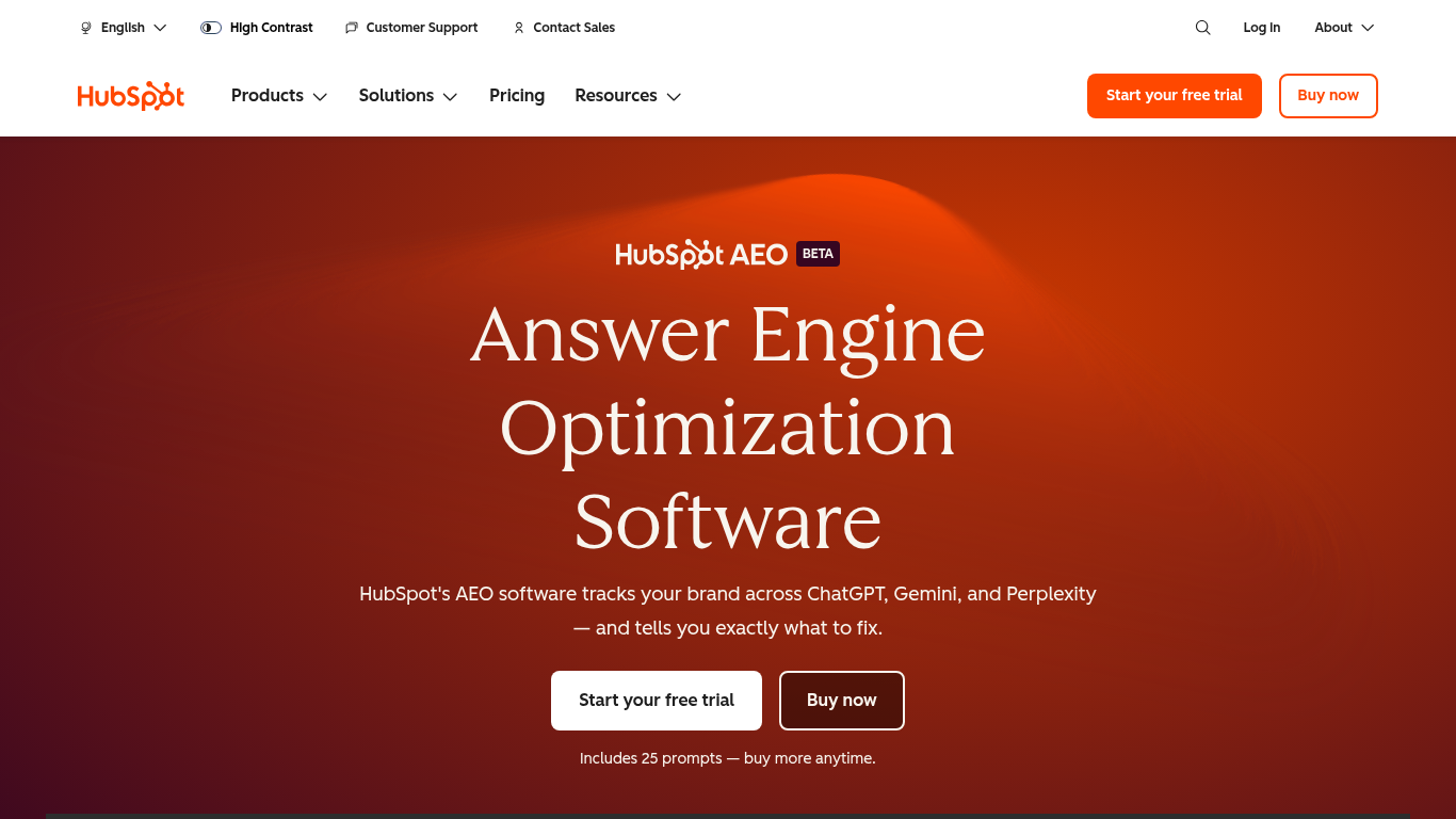 HubSpot AEO product page: answer engine optimization software tracking ChatGPT, Gemini and Perplexity