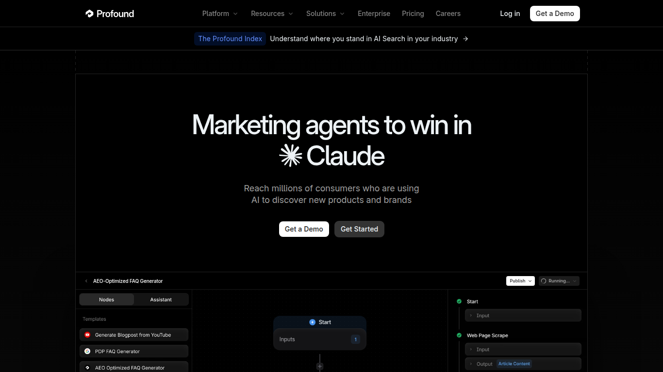 Profound landing page: enterprise AI visibility platform with up to nine answer engines