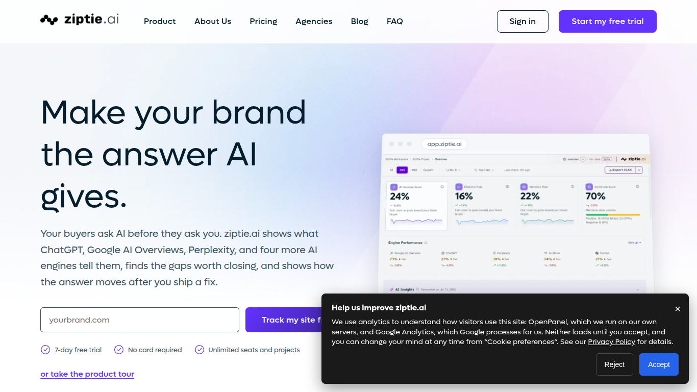 ZipTie landing page: configurable AI search visibility tracking across Google AI Overviews, ChatGPT and more