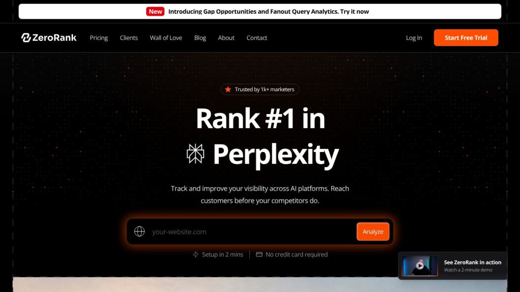ZeroRank AI landing page — AI visibility tracking with recommendations and content workflows